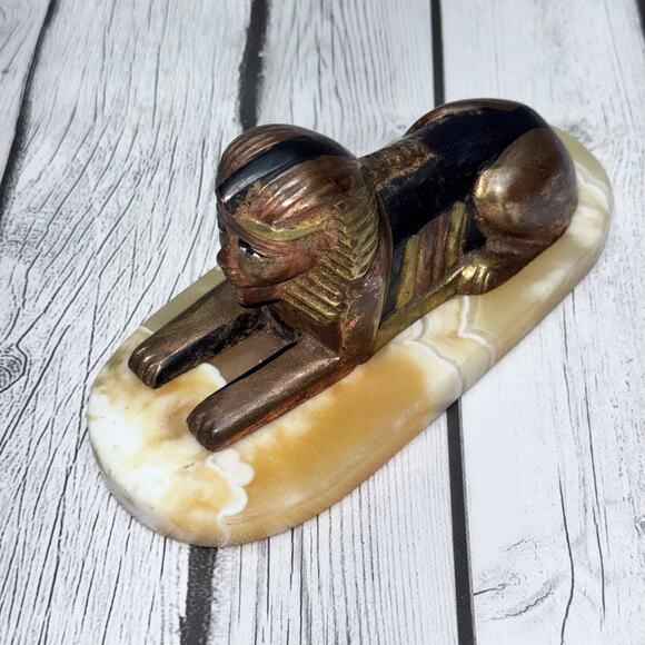 Vintage Mid Century Egyptian Brass and Onyx Sphinx Figure - Picture 3 of 5